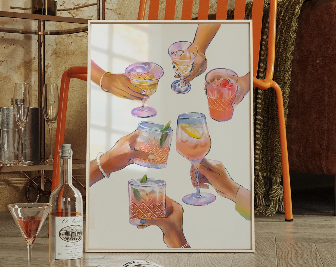 Cheers Watercolor Cocktail Glasses Raised Toast Retro Bar Cart Poster - Image 4