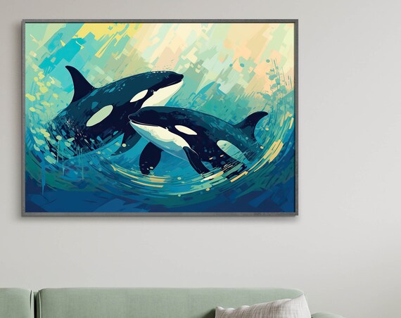Two Orcas Swimming Teal Arctic Waters Ocean Scene Wildlife Poster