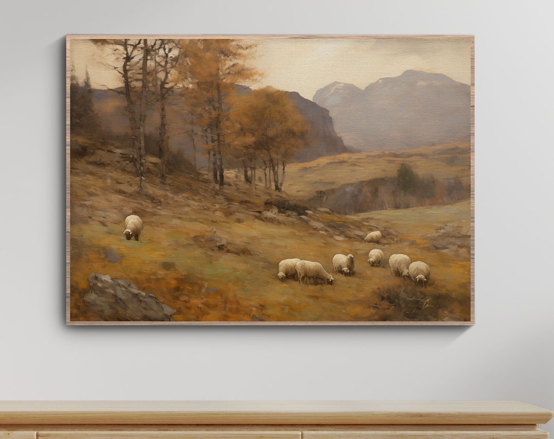 Sheep On Autumn Moor Misty Mountains Moody Vintage Scenic Wall Art