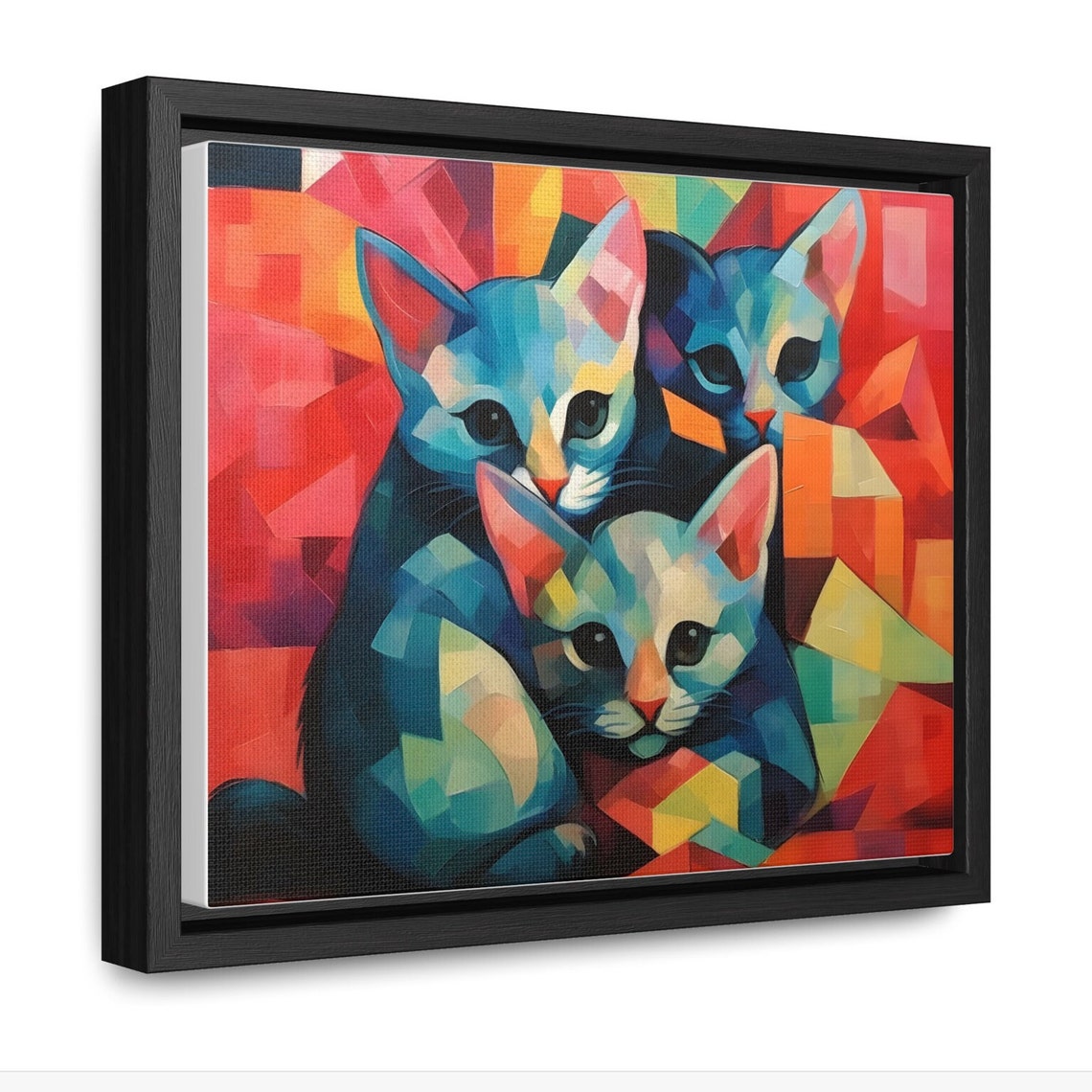 Three Colorful Kittens Huddled Together in Bold Cubist Style Wall Art - Image 2