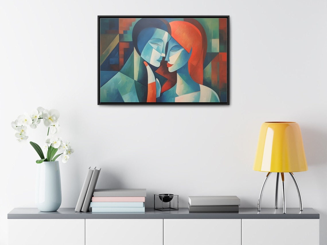 Abstract Tender Embrace of Two Lovers in Cubist Blue and Red Wall Art - Image 3