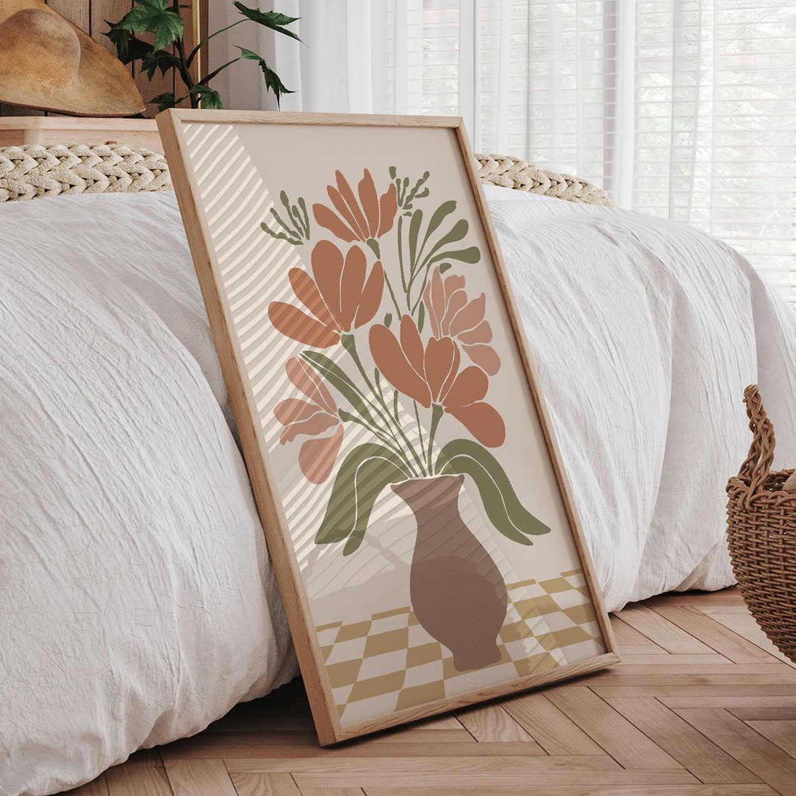 Terracotta Floral Bouquet Vase Checkered Base Boho Botanical Poster
