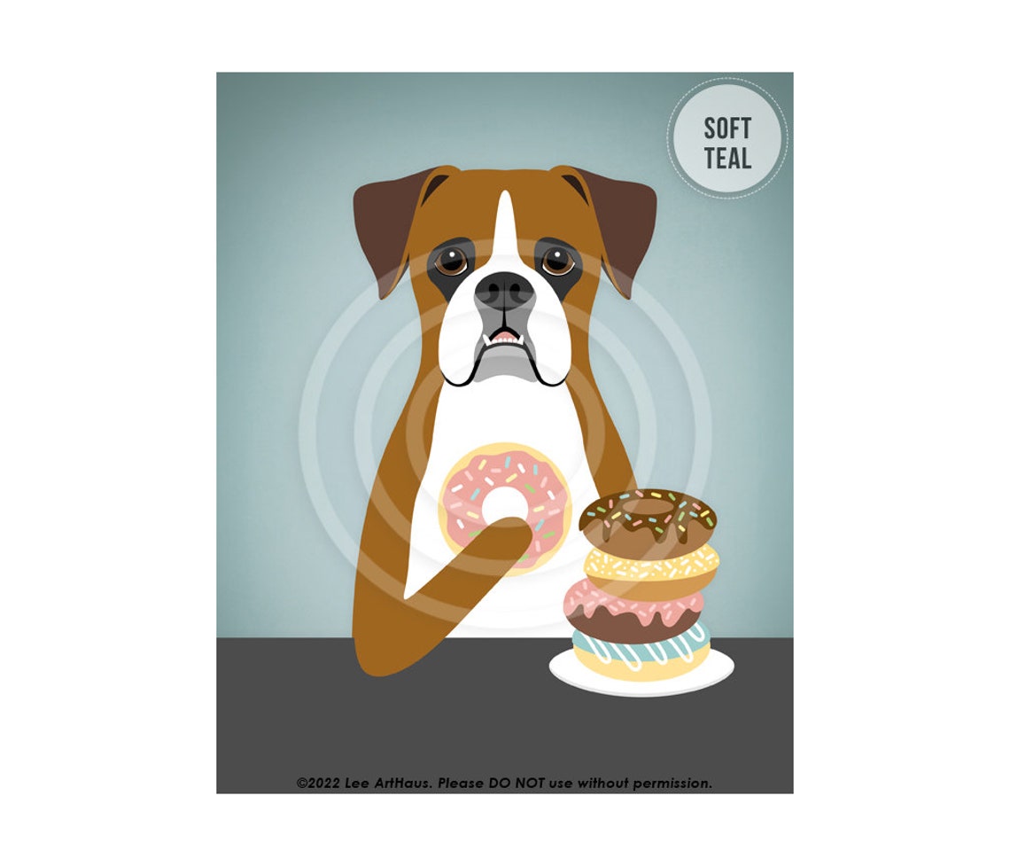Brown Boxer Dog Eating Donuts Stack Fun Kitchen Decor Wall Art Poster - Image 4