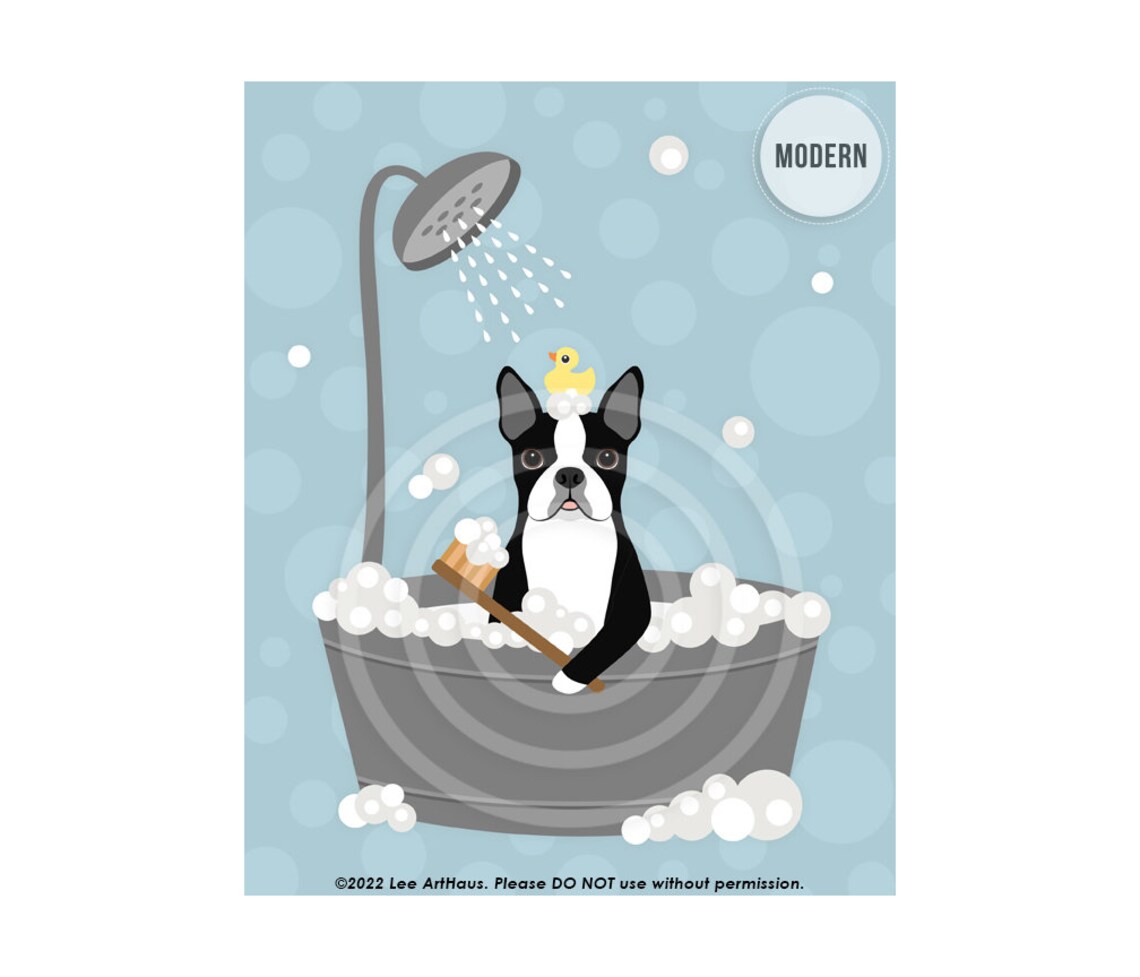 Boston Terrier Gray Metal Tub Shower Funny Bathroom Dog Art Poster