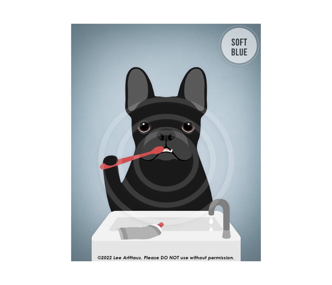 Black French Bulldog Brushing Teeth At Sink Funny Dog Art Poster - Image 2
