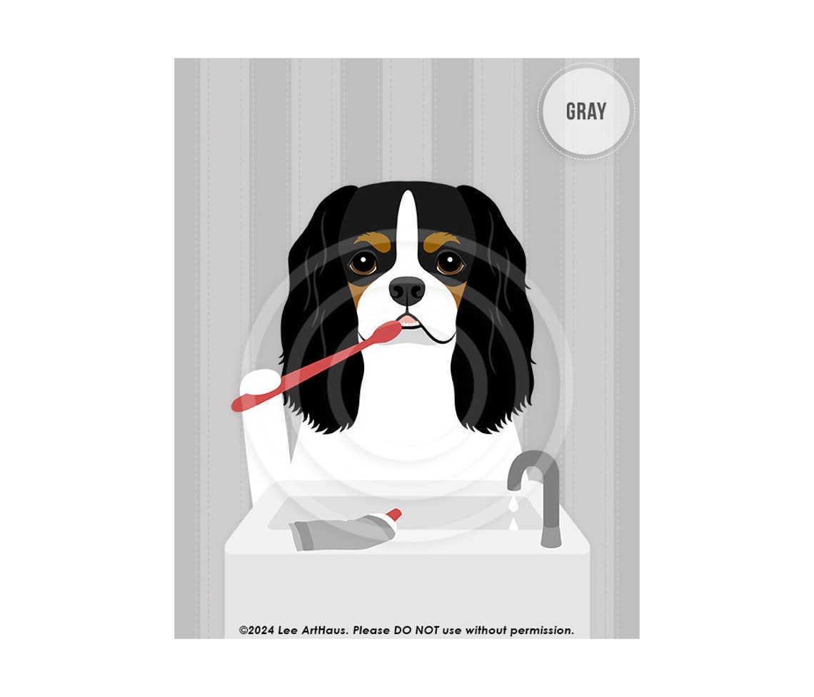 Tricolor Cavalier Spaniel Brushing Teeth Funny Dog Bathroom Poster - Image 7
