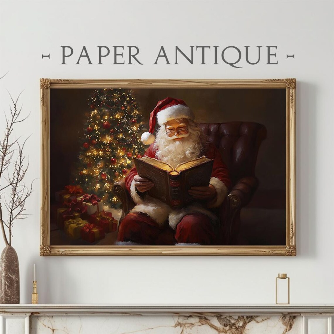 Santa Reading By The Christmas Tree Cozy Vintage Holiday Poster