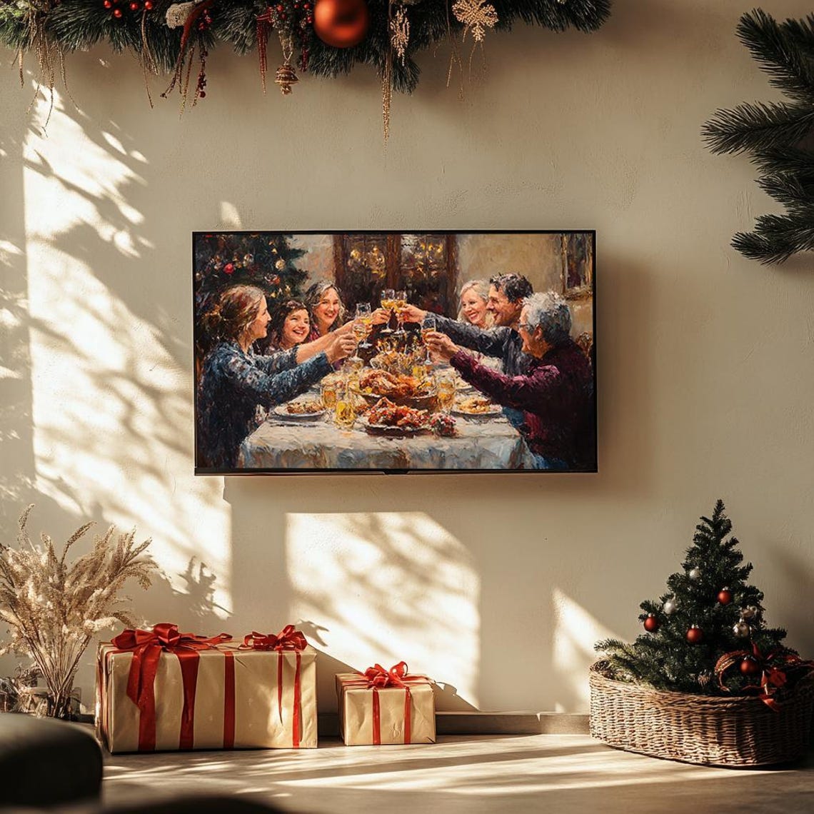 Family Christmas Dinner Toasting Festive Gathering Painting Poster - Image 3