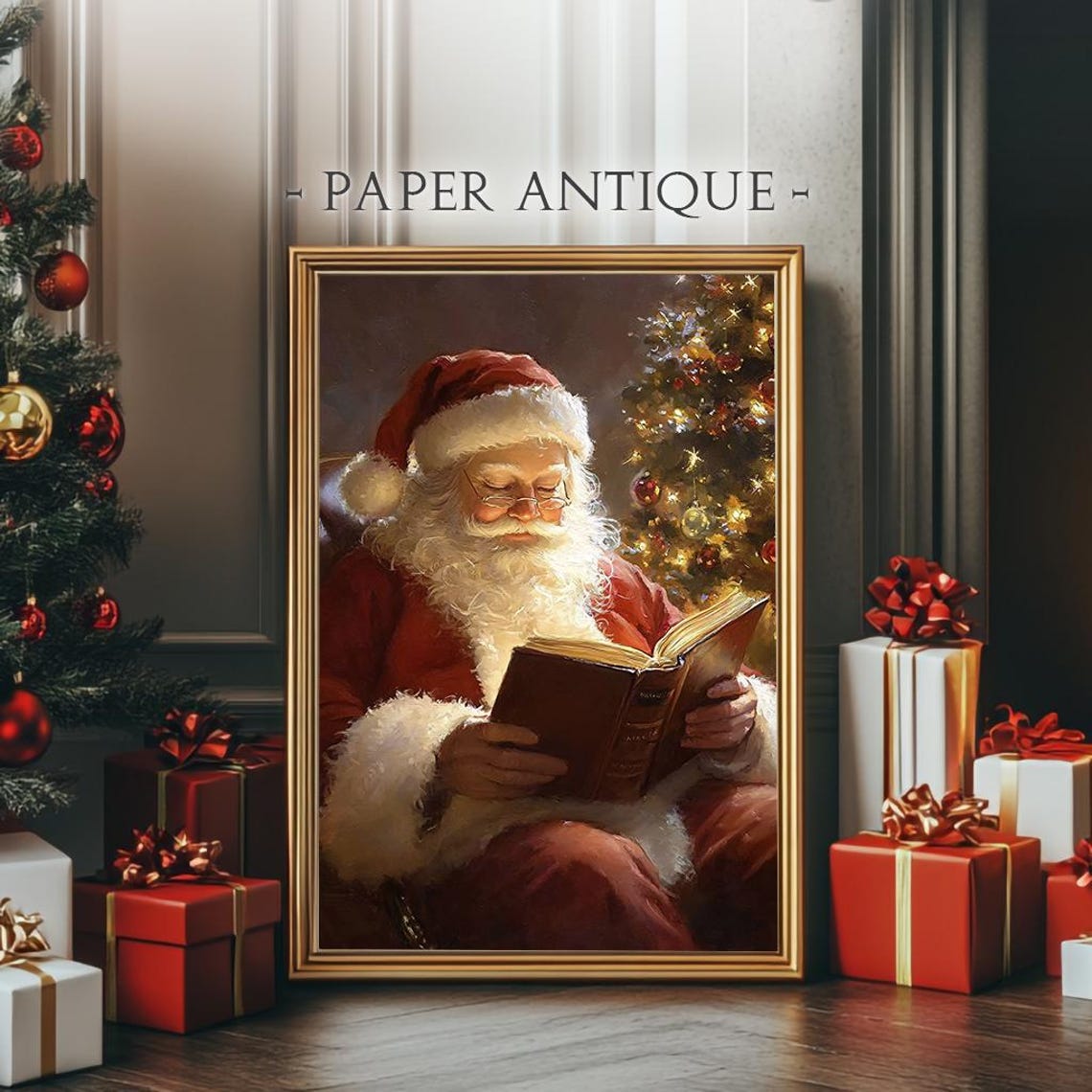 Santa Claus Reading Glowing Book By Lit Christmas Tree Poster