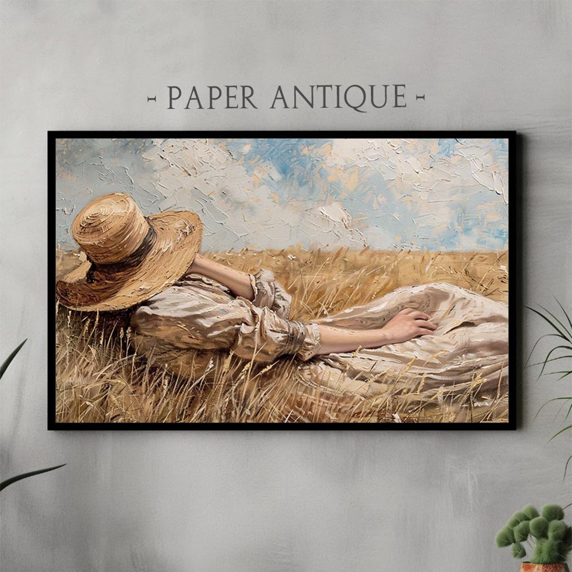 Woman Resting in Wheat Field Wearing Straw Hat Summer Poster