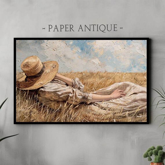 Woman Resting in Wheat Field Wearing Straw Hat Summer Poster
