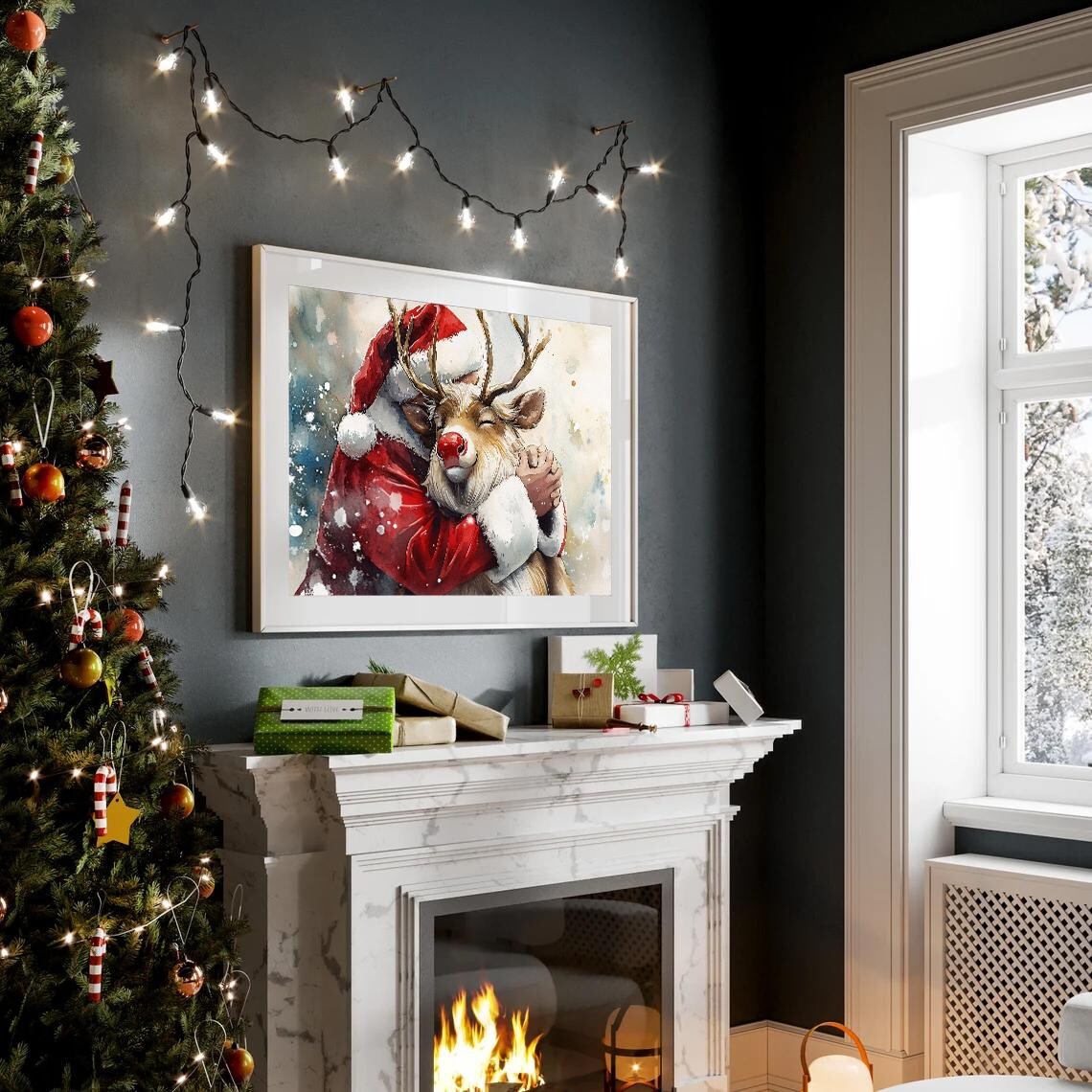 Santa And Rudolph Watercolor Painting Festive Christmas Hug Poster - Image 2