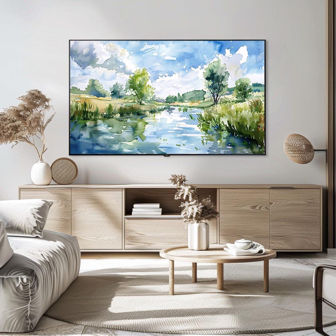 Bright Sunlit River with Lush Green Banks Watercolor Spring Poster - Image 5
