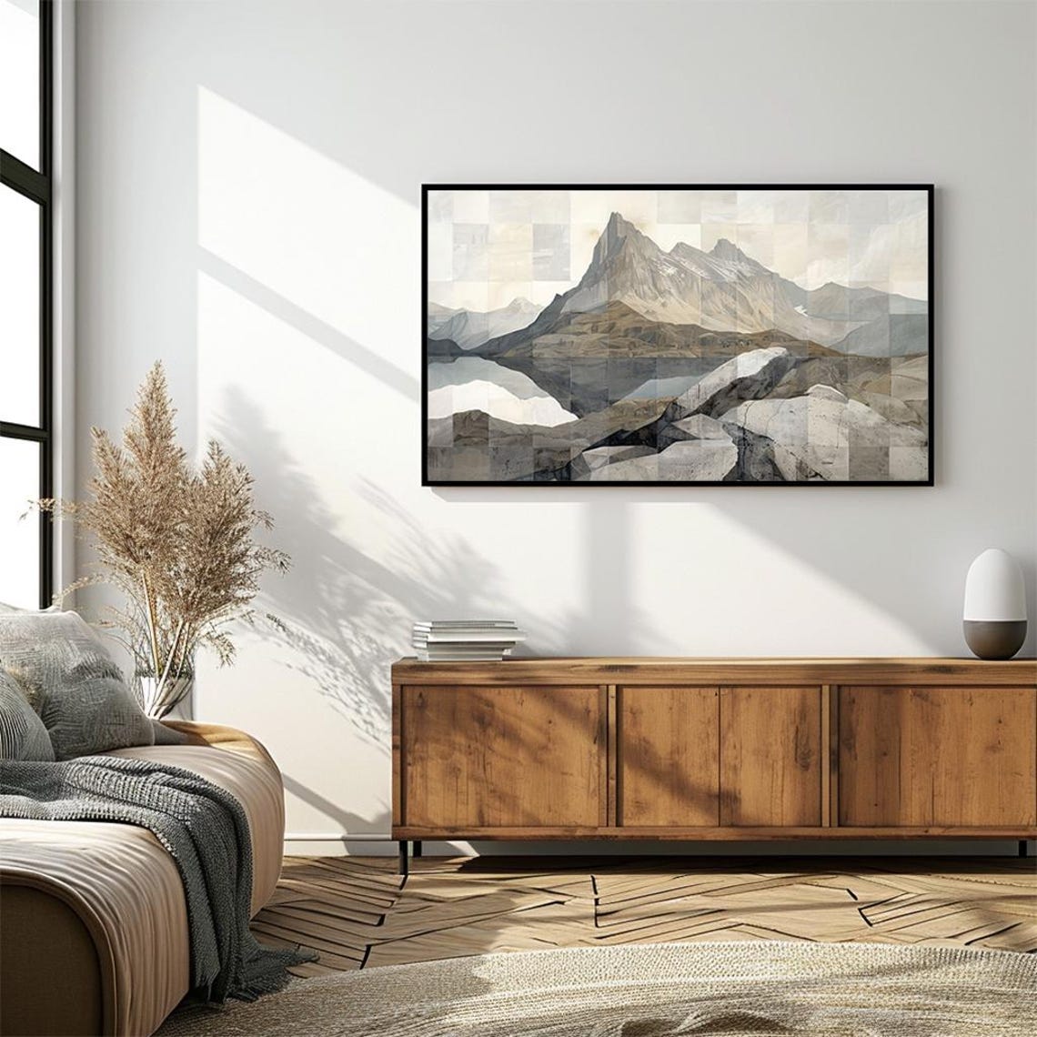 Neutral Tone Mountain Peak Lake Reflection Minimalist Poster - Image 4