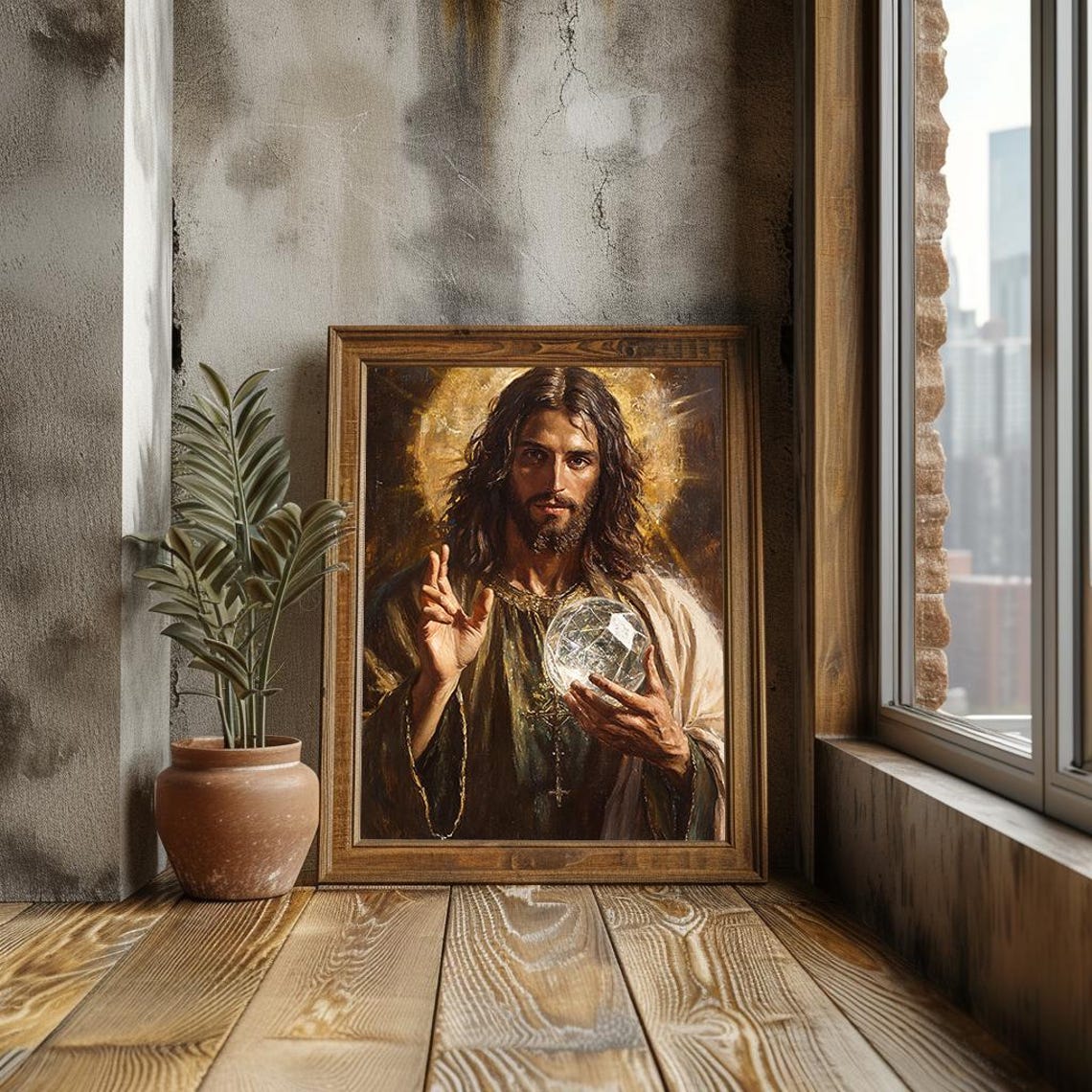 Jesus Holding Crystal Orb Spiritual Christian Devotional Art Poster - Image 2