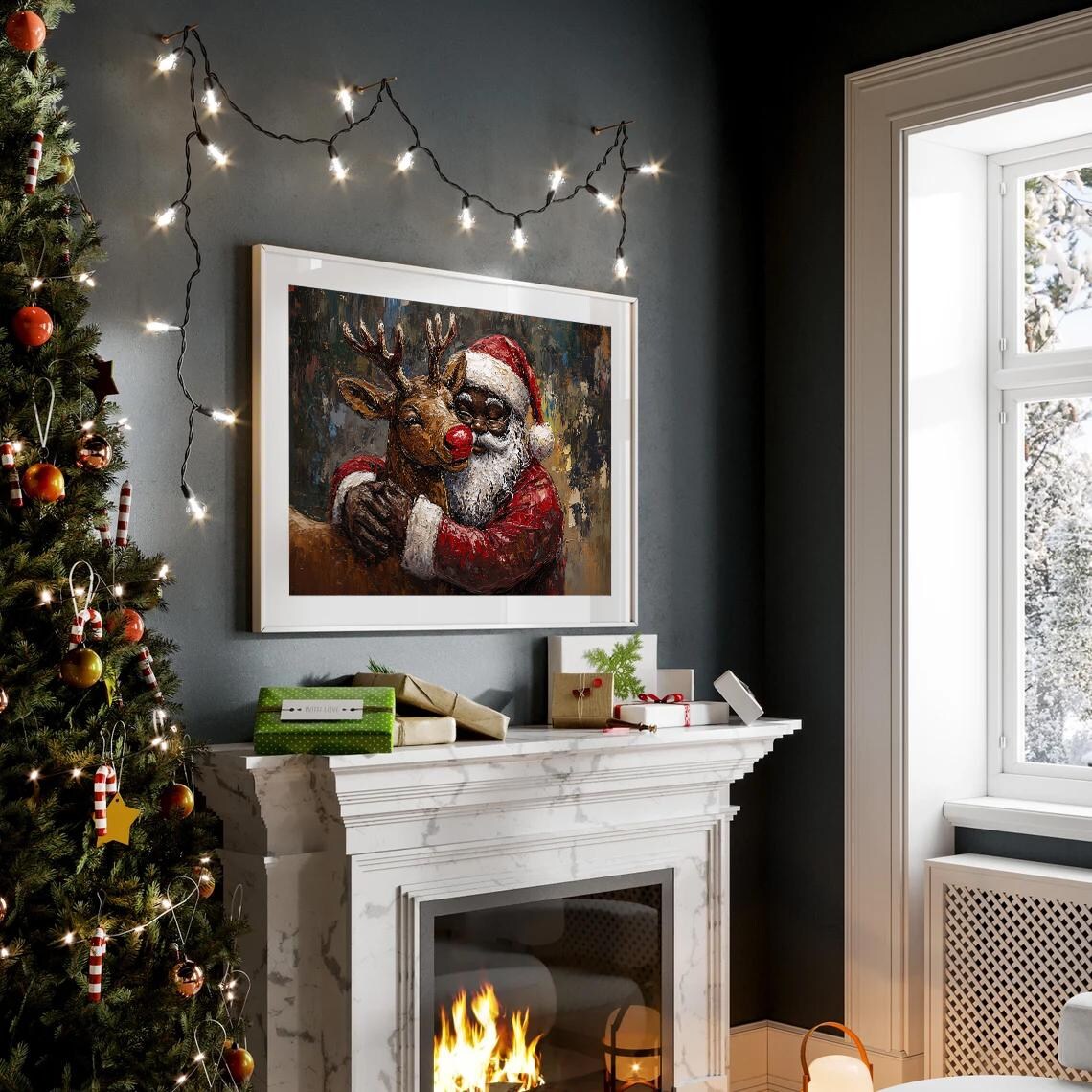 Santa Hugging Reindeer Textured Oil Painting Heartwarming Poster - Image 2