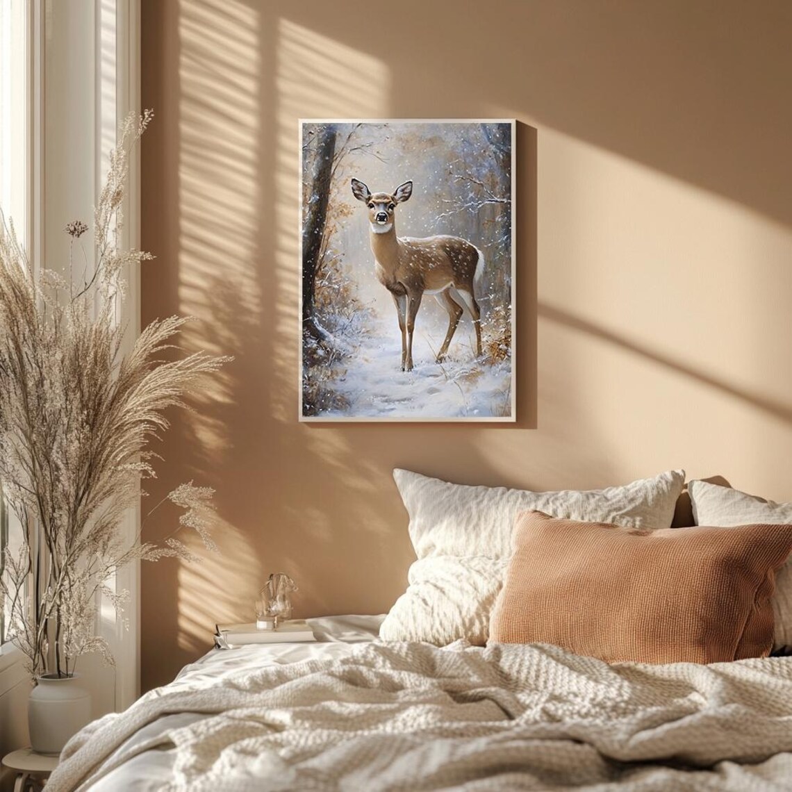 Deer In Snowy Forest Winter Woodland Wildlife Painting Poster