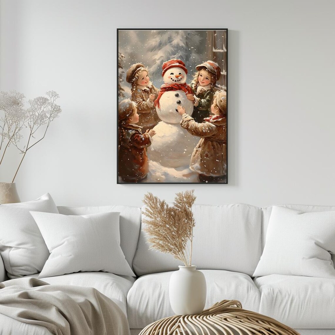Children Building Snowman in Falling Snow Vintage Style Christmas Poster - Image 5