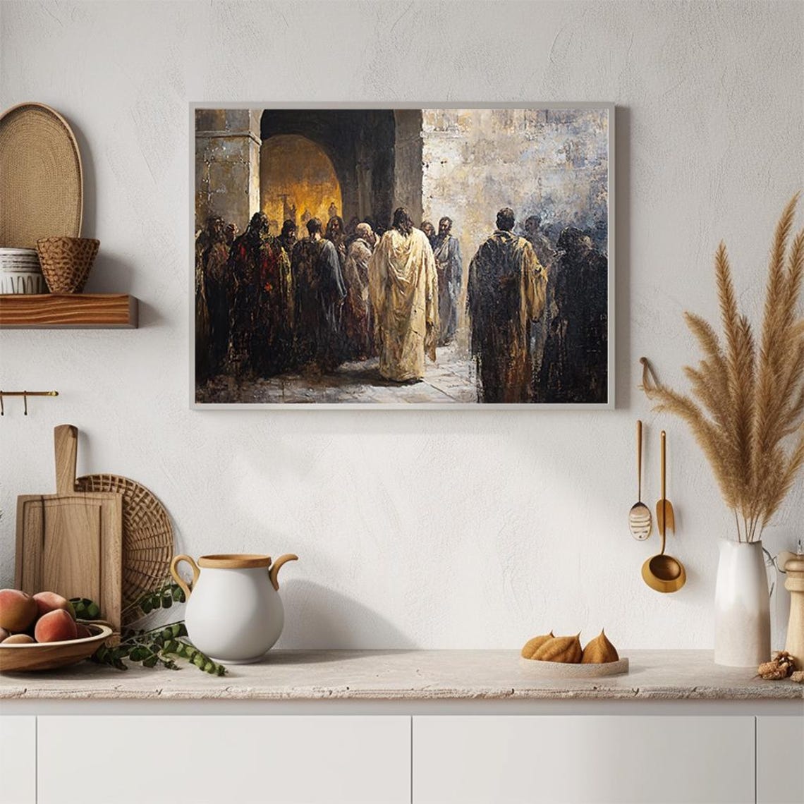 Jesus Walking Crowd Ancient Courtyard Biblical Painting Poster - Image 4