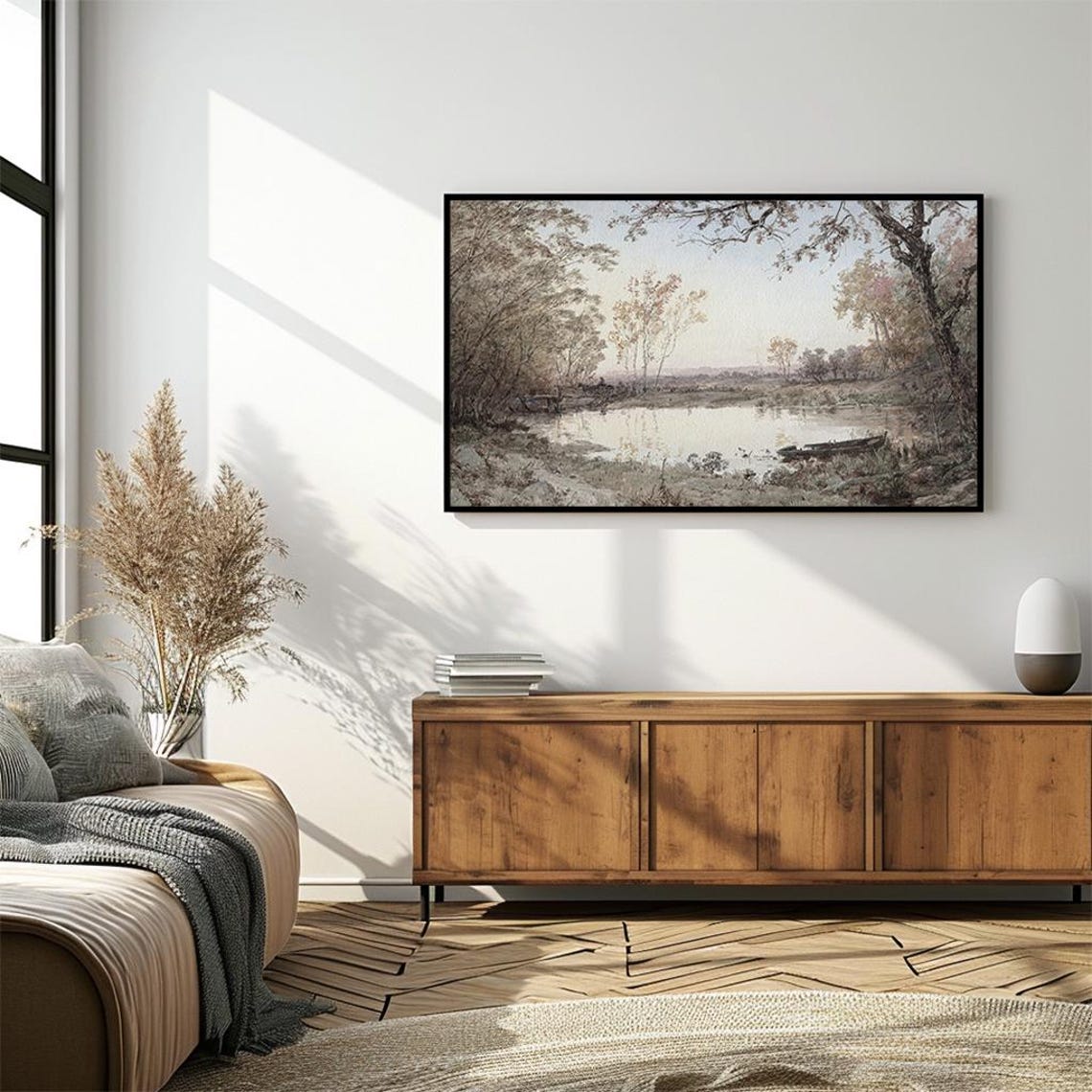 Still Pond Rowboat Quiet Vintage Lake Landscape Oil Painting Poster - Image 4