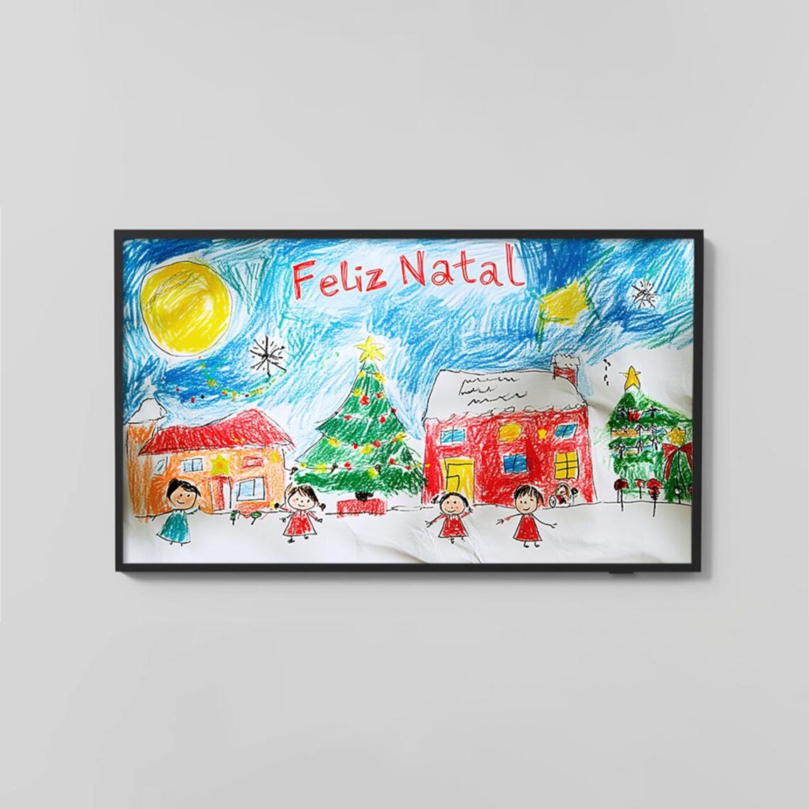 Festive Christmas Drawing Children with Tree Feliz Natal Poster - Image 2