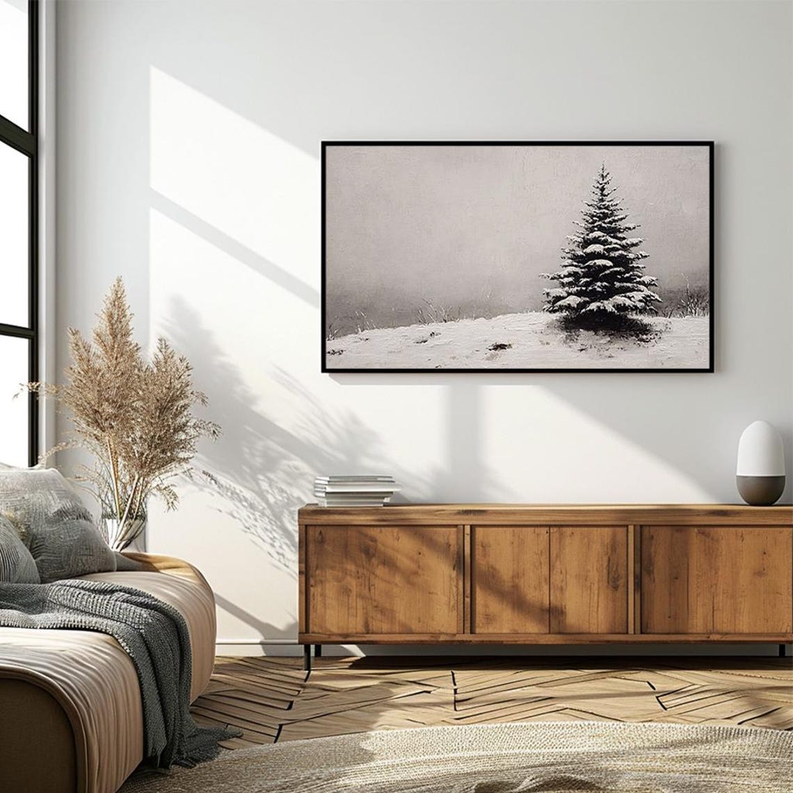 Snowy Pine Tree In Open Field Minimalist Oil Painting Winter Poster - Image 4