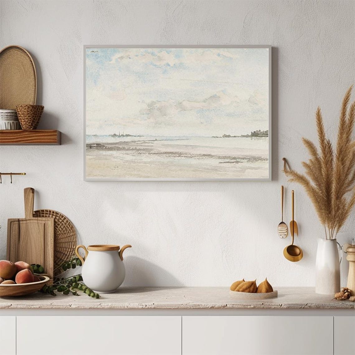 Calm Coastal Shoreline Watercolor Pale Sky Seaside Scene Poster - Image 4