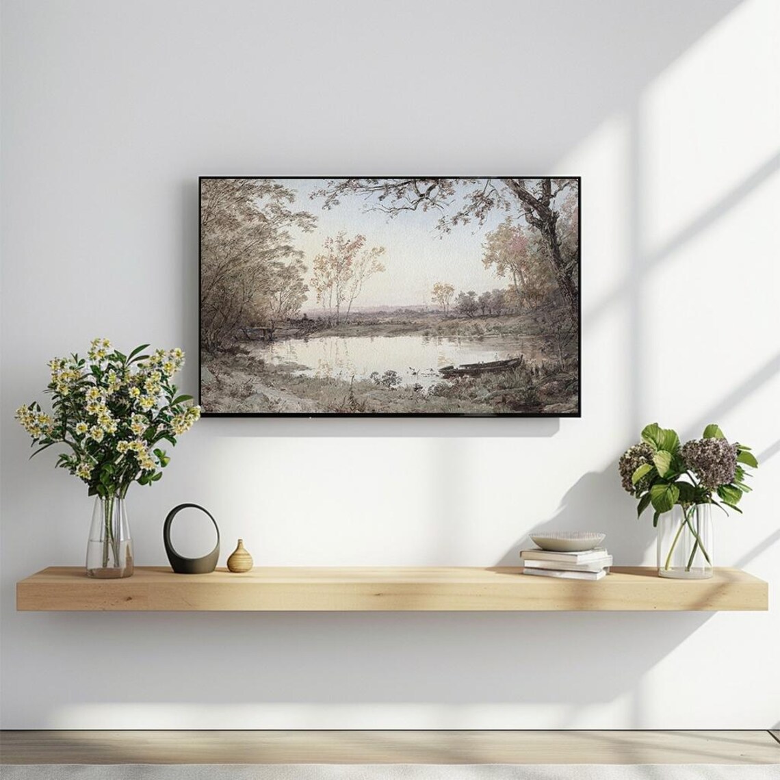 Still Pond Rowboat Quiet Vintage Lake Landscape Oil Painting Poster - Image 2