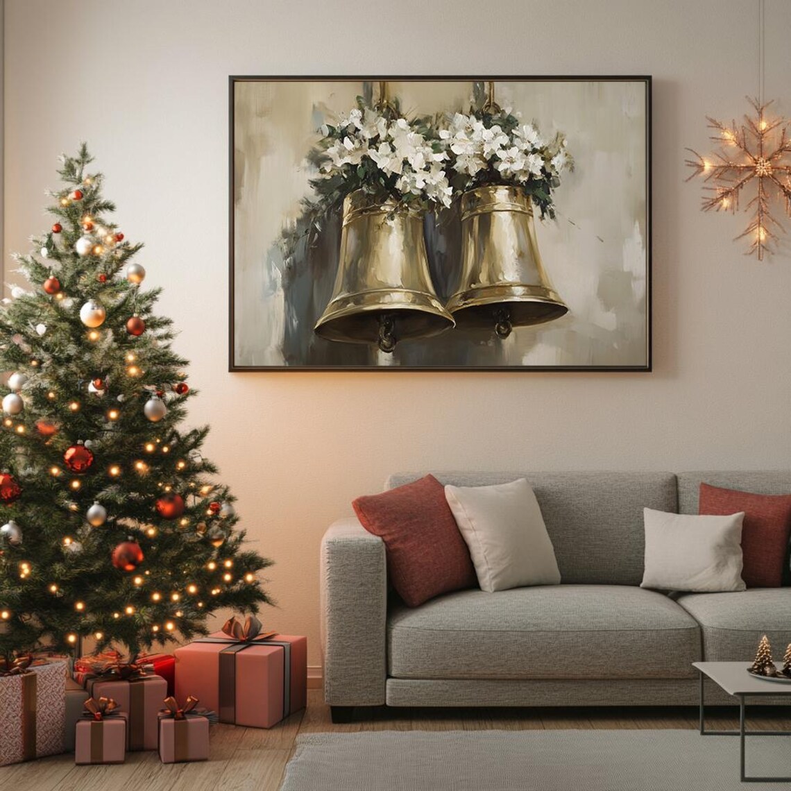 Golden Bells With White Flowers Elegant Oil Painting Christmas Poster - Image 5