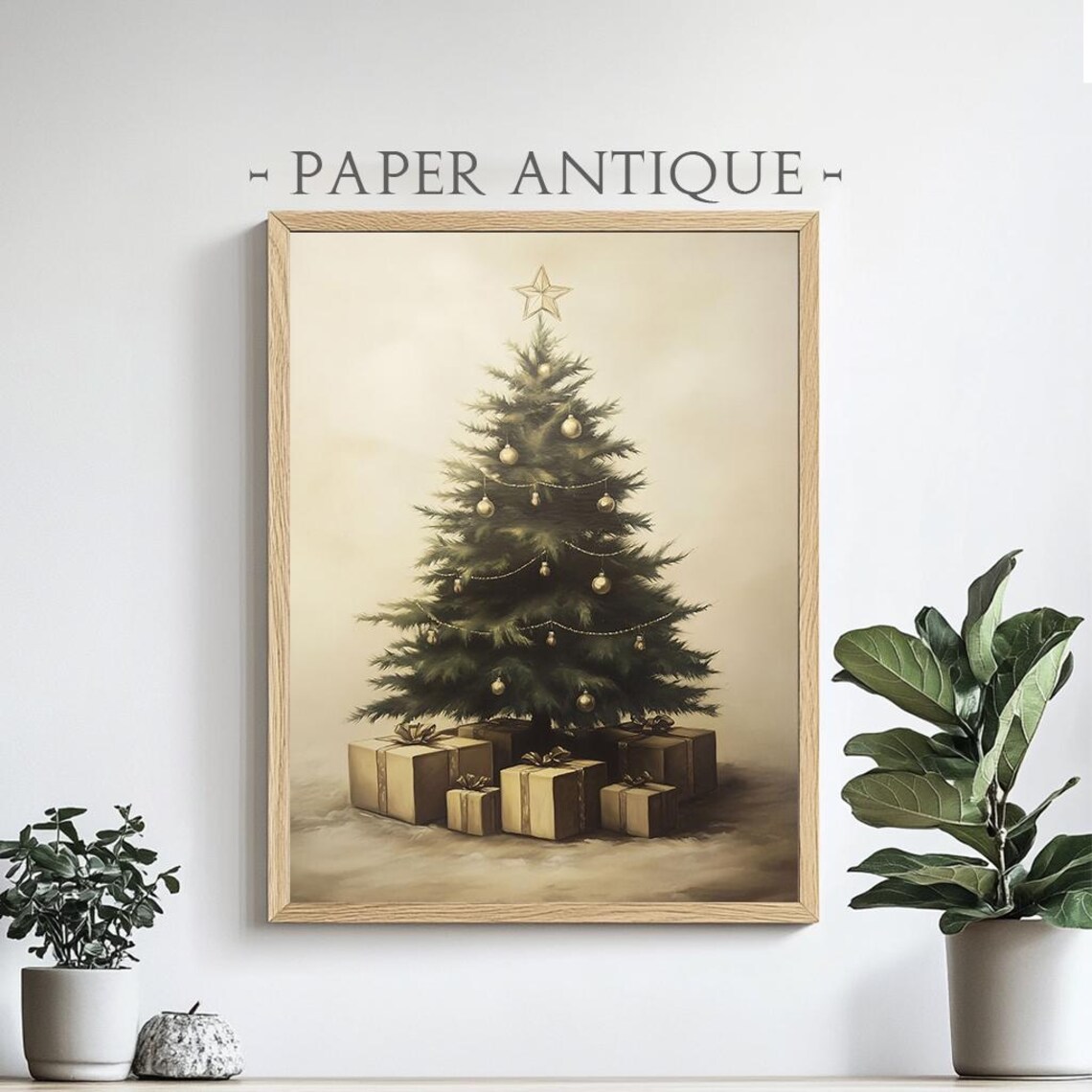 Elegant Christmas Tree Gold Ornaments Star Topper Painting Poster