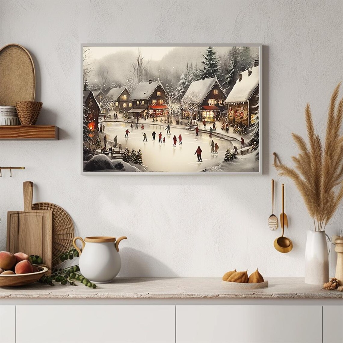 Christmas Village Ice Skating Watercolor Festive Winter Scene Poster - Image 4