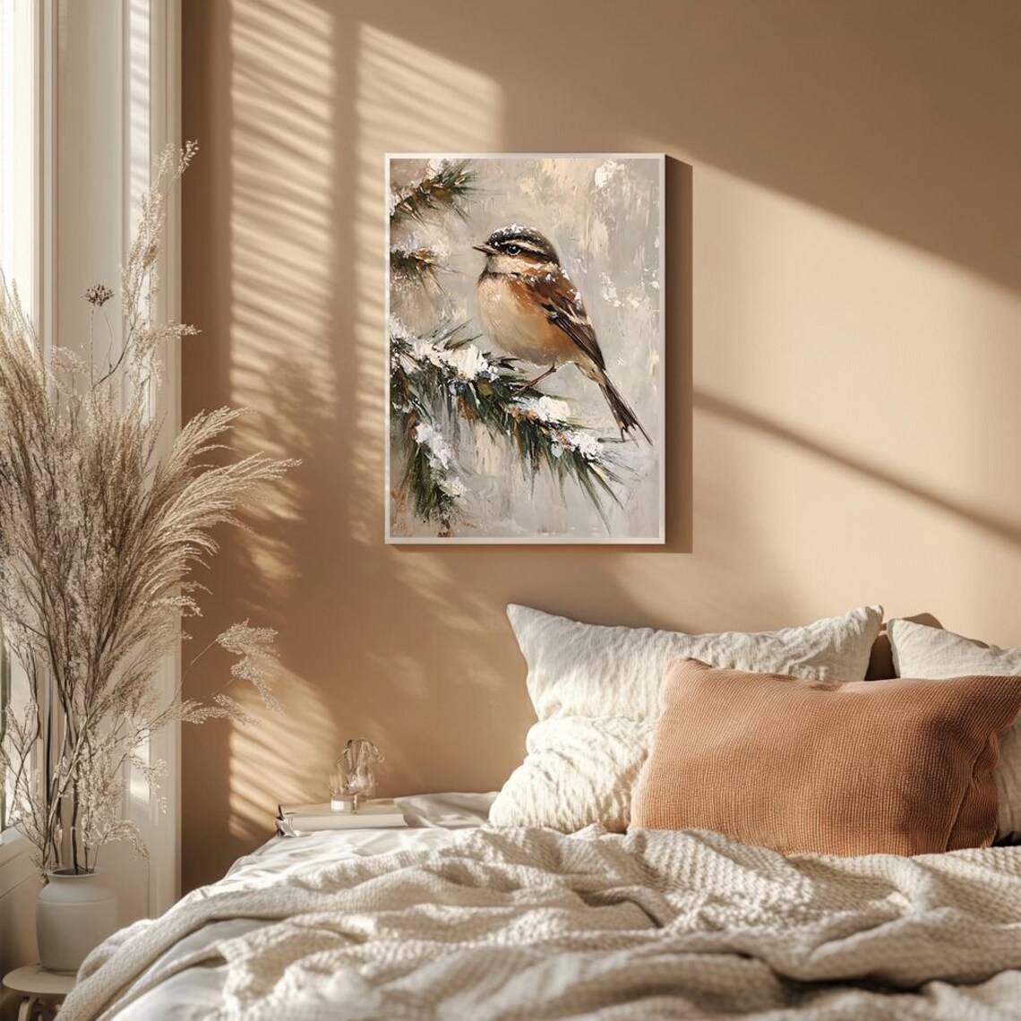 Winter Songbird on Snowy Pine Branch Soft Neutral Painting Poster - Image 2