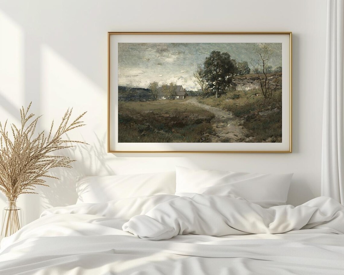 Rustic Country House with Trees and Path Vintage Painting Poster - Image 2