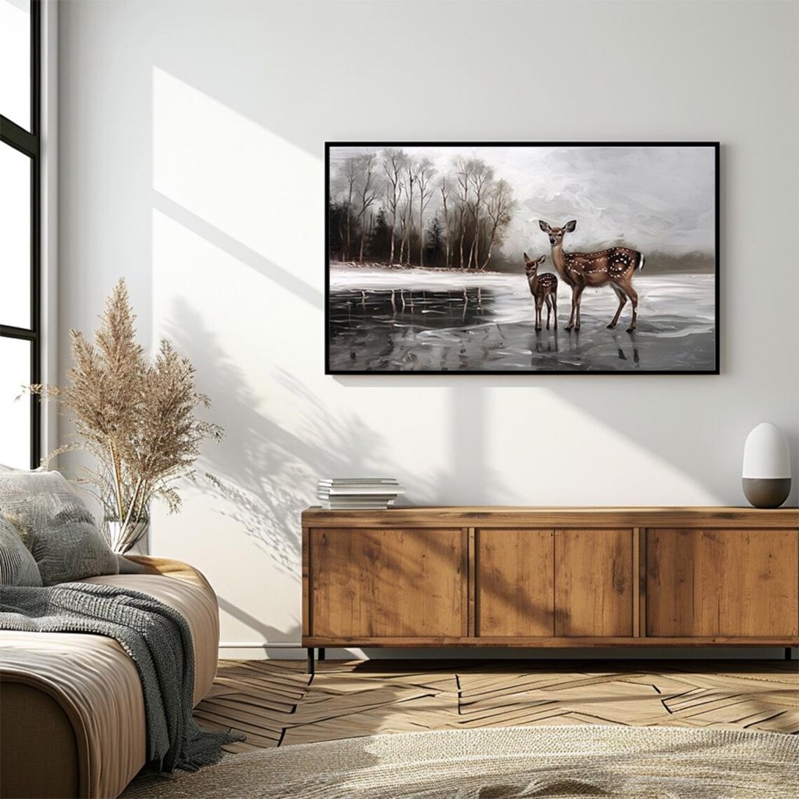 Deer with Fawn on Frozen Winter Lake in Winter Forest Poster - Image 4