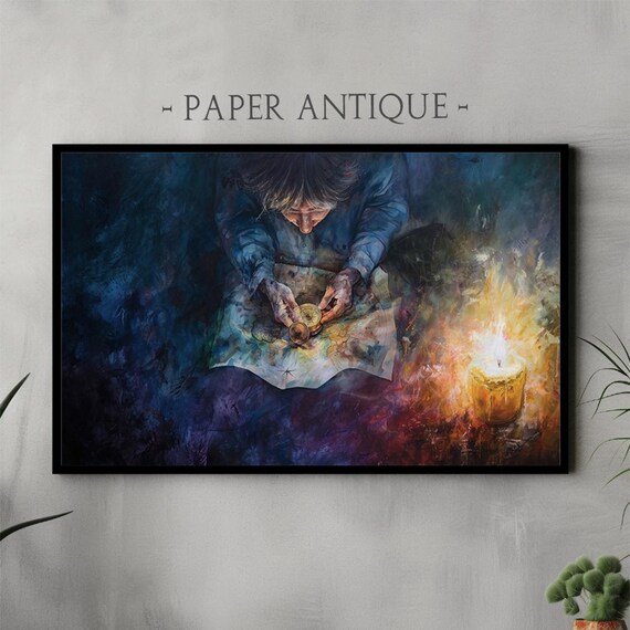 Art For Frame Tv Mysterious Explorer Painting Dark And Moody Scene With Compass And Candlelight Enigmatic Adventure Artwork Instant