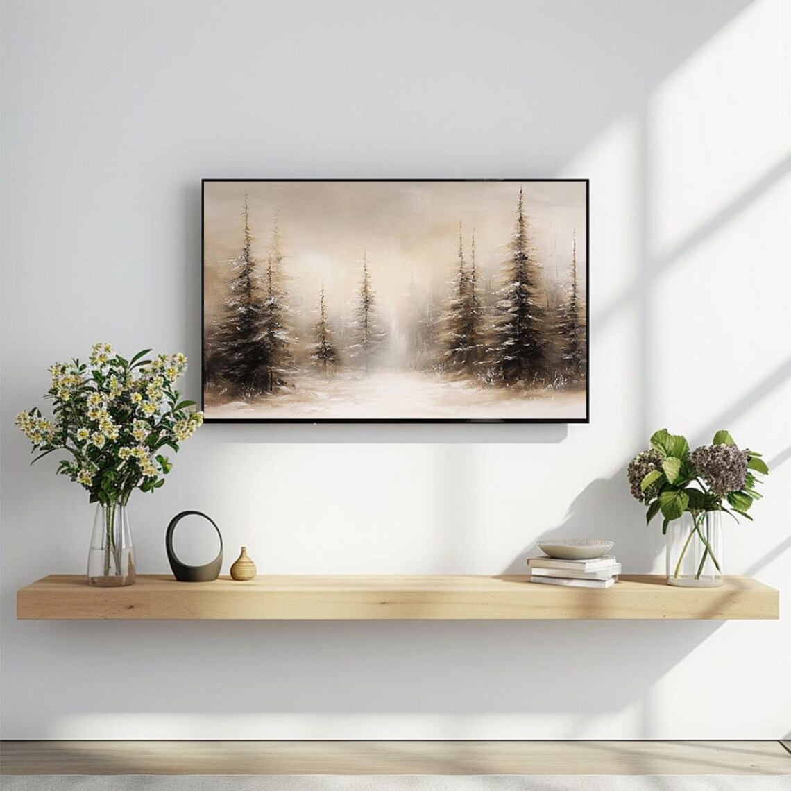 Serene Winter Landscape with Snowy Pines Soft Neutral Painting Poster - Image 2