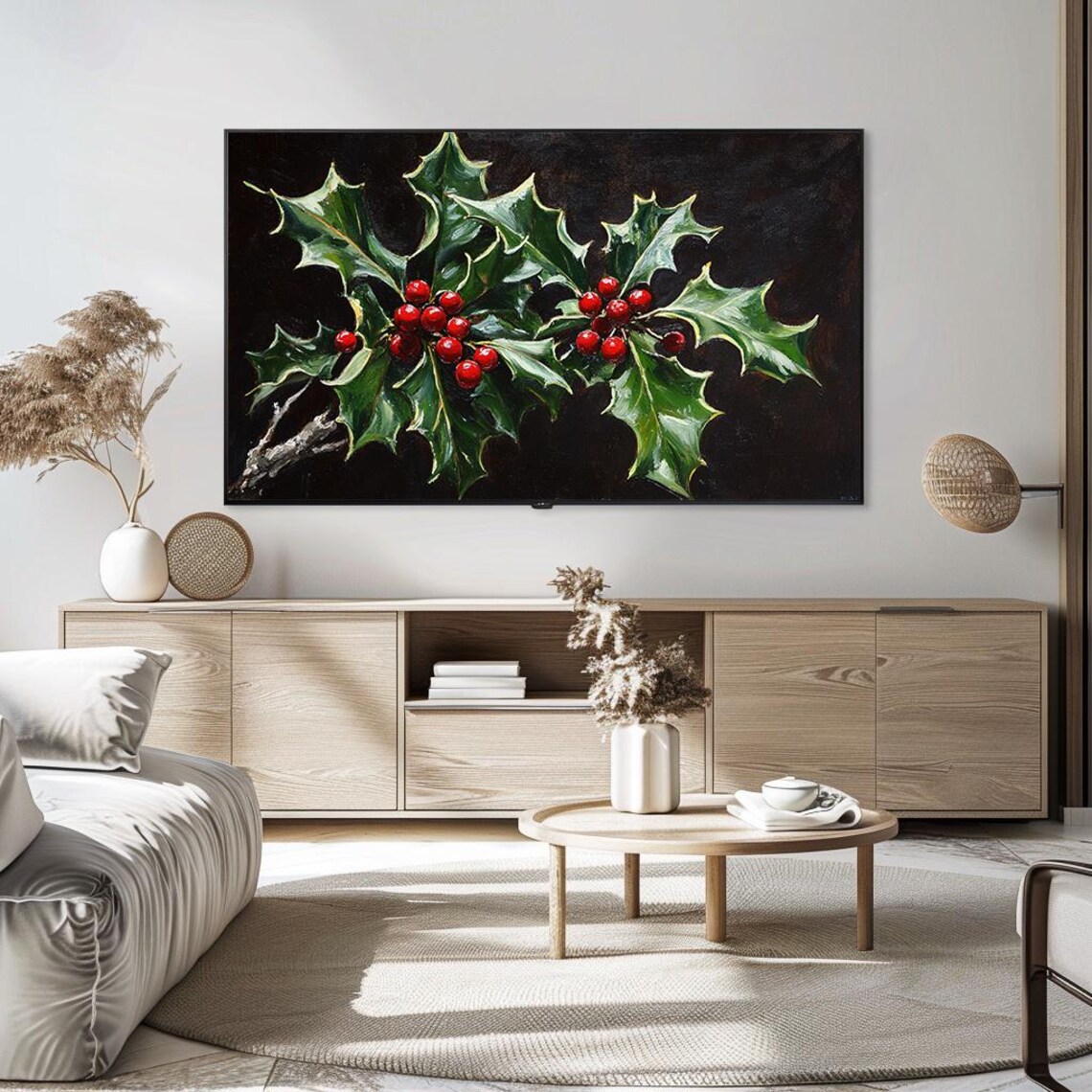 Holly Leaves Red Berries Botanical Oil Painting Christmas Poster - Image 5