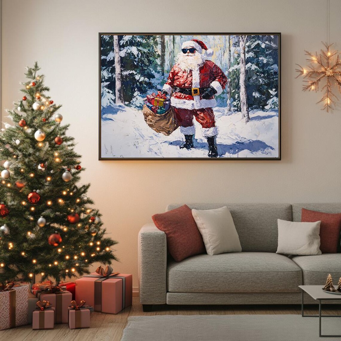 Cool Santa Sunglasses Gift Sack Snowy Forest Impasto Art Poster - Image 5