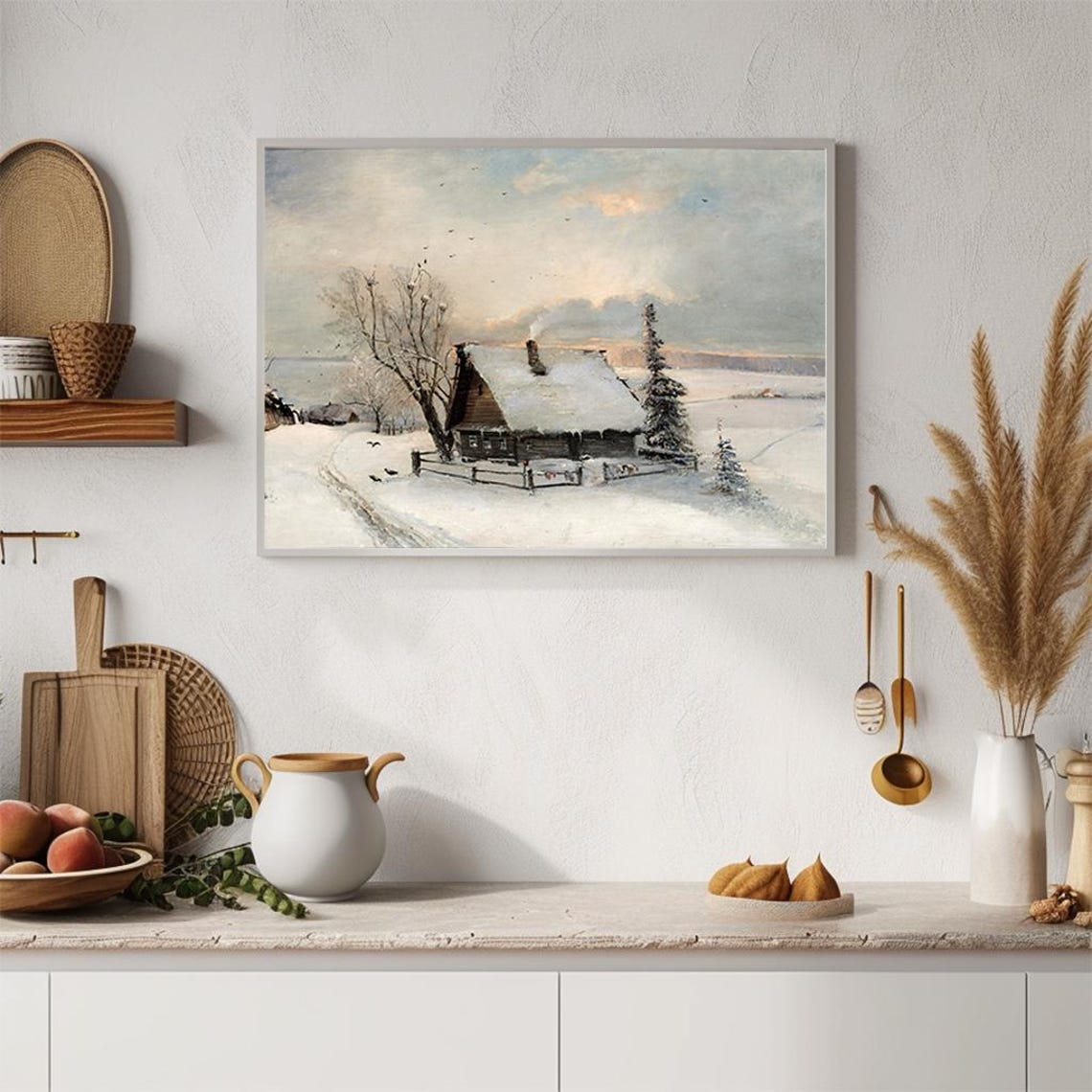 Snow Covered Cabin Chimney Smoke Winter Birds Vintage Painting Poster - Image 4