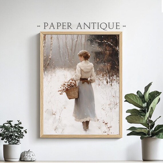 Woman Gathering Pinecones In Snowy Winter Forest Scene Poster