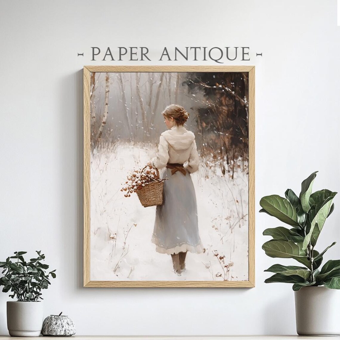 Woman Gathering Pinecones In Snowy Winter Forest Scene Poster