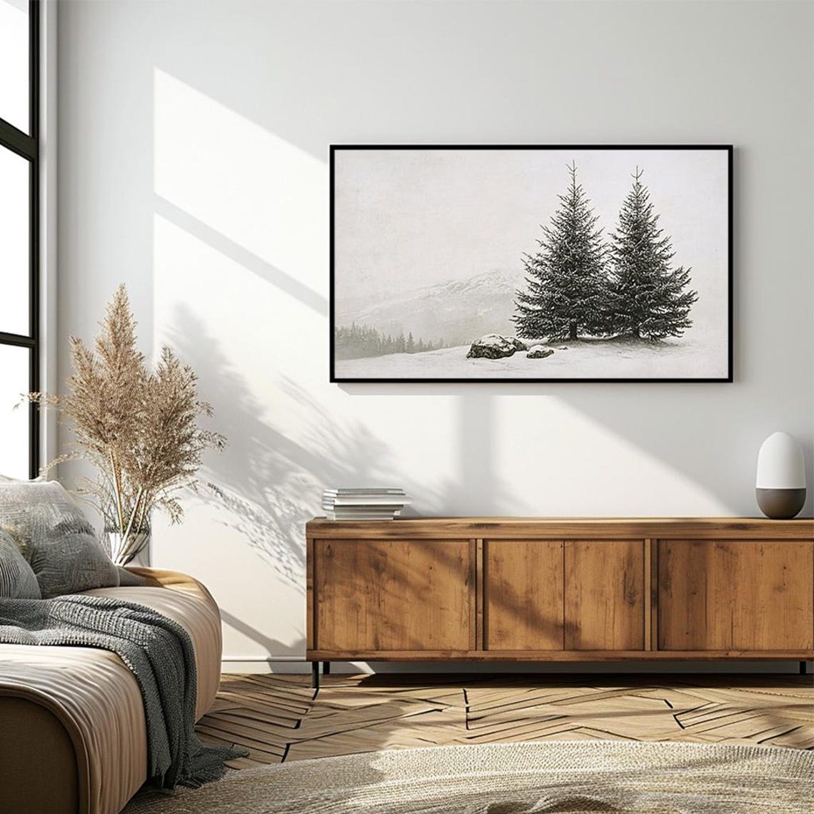 Snowy Evergreen Trees Gray Mountain Winter Landscape Art Poster - Image 4