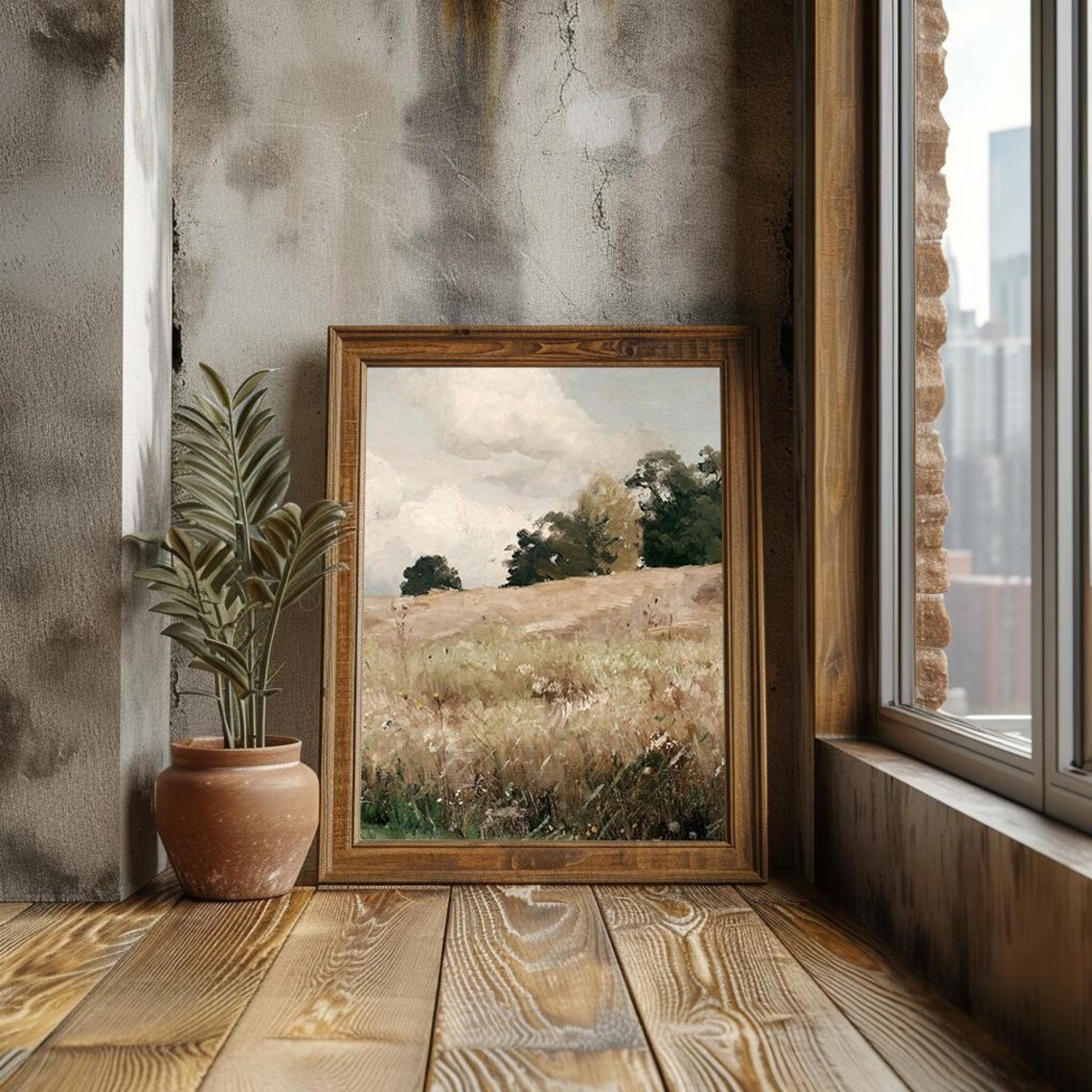 Golden Field Under Soft Clouds Peaceful Countryside Painting Poster - Image 3