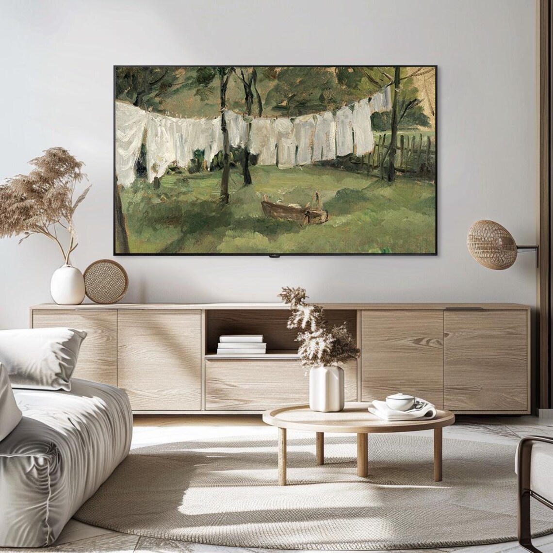 Clothesline with White Linen Sunlit Garden Vintage Painting Poster - Image 5
