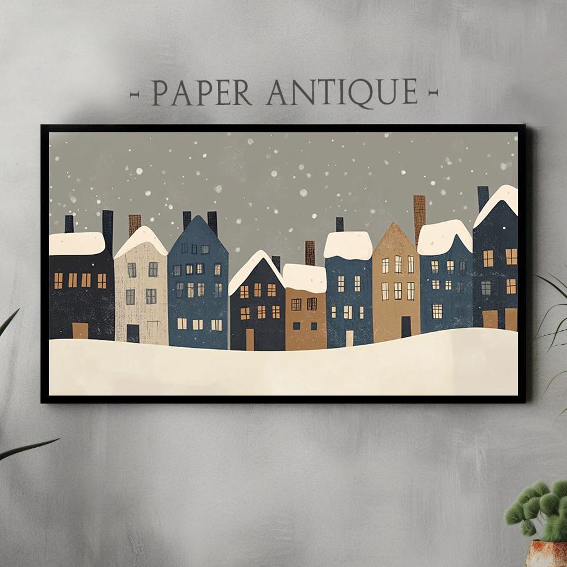 Minimalist Snowy Village Houses Flat Illustration Winter Wall Poster