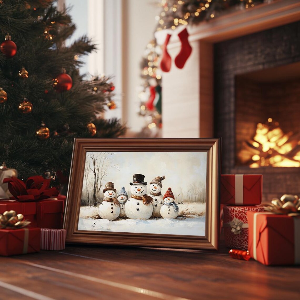 Snowman Family Christmas Painting Vintage Whimsical Snowmen Poster - Image 3