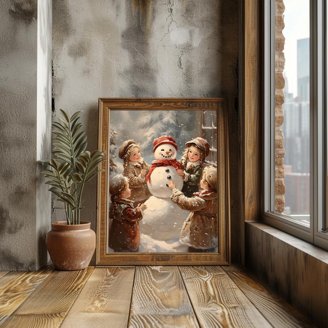 Children Building Snowman in Falling Snow Vintage Style Christmas Poster - Image 3
