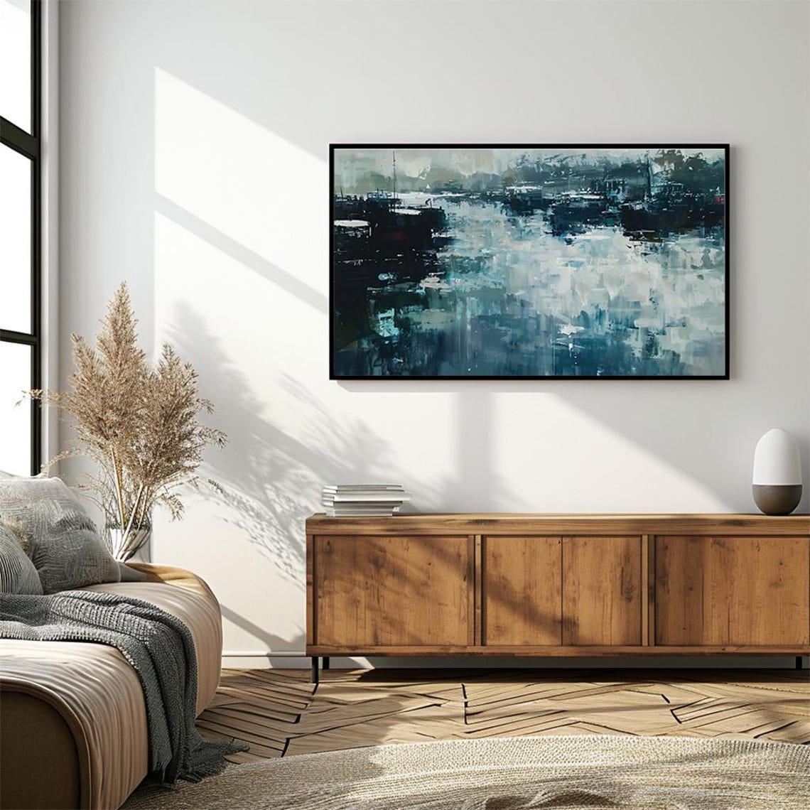 Abstract Moody Blue Seascape Harbor Boats Impressionist Poster - Image 4