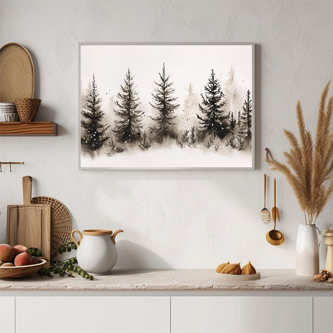 Black Ink Pine Trees Winter Watercolor Minimalist Forest Poster - Image 2