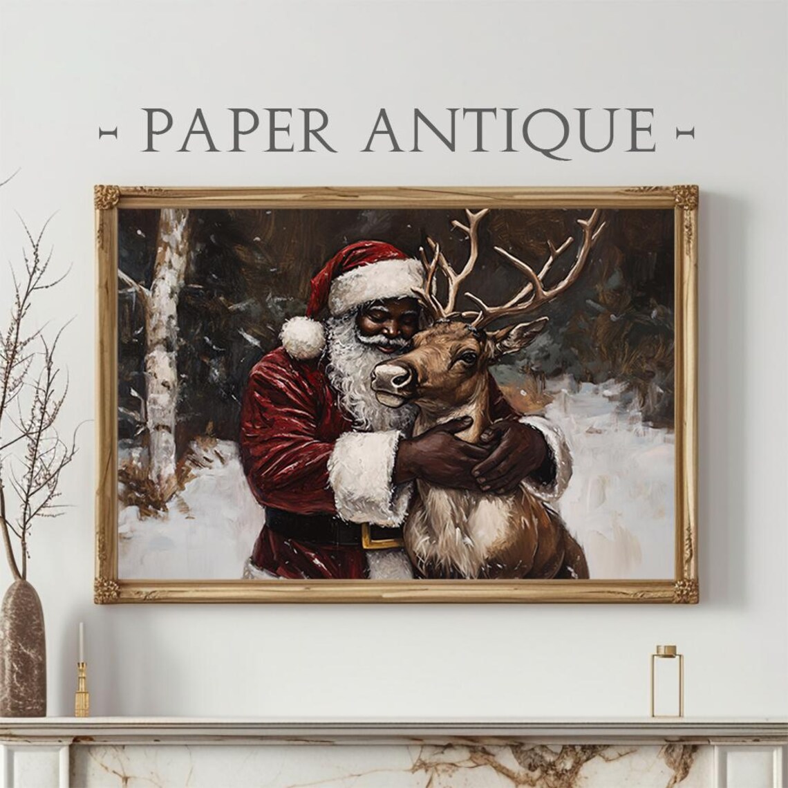 Santa Hugging Reindeer Snowy Woods Tender Oil Painting Poster